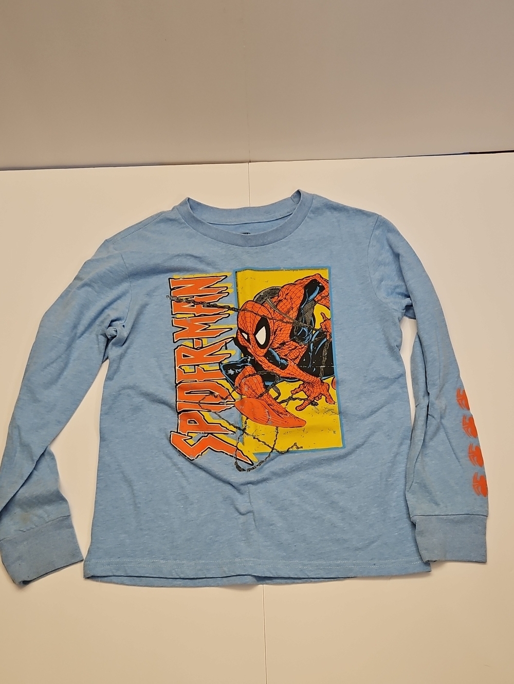 Marvel Spider-Man Boys Kids Light Blue Graphic Long Sleeve Tee Small GUC